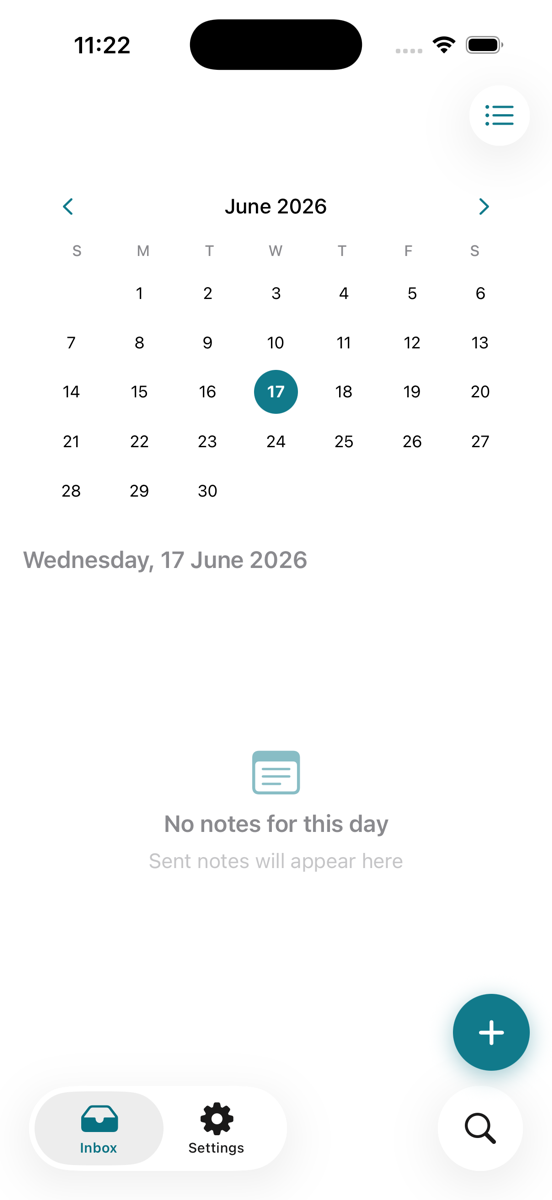 Petite Notes inbox showing a calendar and the June 17, 2026 day view.